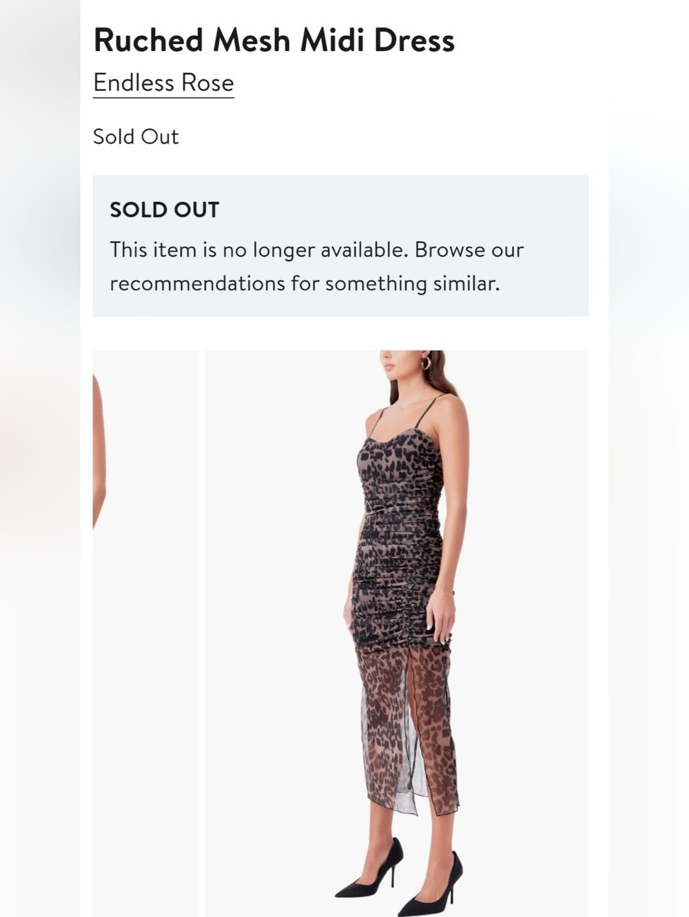 NWOT Endless Rose Ruched Mesh Midi Dress in Brown Leopard